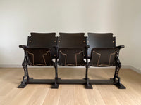 Antique 1920s Theater Seats - Triple Bench Chairs with Arm Rests and Hat Wire Under the Seat - Walnut Base - Cast Iron Brass ** FREE SHIPPING ** This dark and moody historical show-stopper is perfect for a mud room, foyer, entry way, lake or ski home. The cast iron carvings on each end are so stunning with hints of brass shining through. It's decorative all the way through.