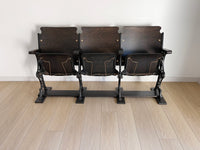Antique 1920s Theater Seats - Triple Bench Chairs with Arm Rests and Hat Wire Under the Seat - Walnut Base - Cast Iron Brass ** FREE SHIPPING ** This dark and moody historical show-stopper is perfect for a mud room, foyer, entry way, lake or ski home. The cast iron carvings on each end are so stunning with hints of brass shining through. It's decorative all the way through.