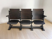 Antique 1920s Theater Seats - Triple Bench Chairs with Arm Rests and Hat Wire Under the Seat - Walnut Base - Cast Iron Brass ** FREE SHIPPING ** This dark and moody historical show-stopper is perfect for a mud room, foyer, entry way, lake or ski home. The cast iron carvings on each end are so stunning with hints of brass shining through. It's decorative all the way through.