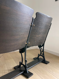**SOLD** Antique 1920s Theater Seats - Triple Bench Chairs with Arm Rests and Hat Wire Under the Seat - Walnut Base - Cast Iron Brass FREE SHIPPING