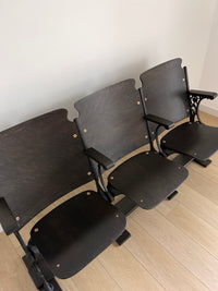 Antique 1920s Theater Seats - Triple Bench Chairs with Arm Rests and Hat Wire Under the Seat - Walnut Base - Cast Iron Brass ** FREE SHIPPING ** This dark and moody historical show-stopper is perfect for a mud room, foyer, entry way, lake or ski home. The cast iron carvings on each end are so stunning with hints of brass shining through. It's decorative all the way through.
