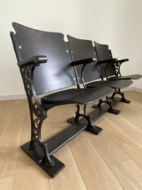 Antique 1920s Theater Seats - Triple Bench Chairs with Arm Rests and Hat Wire Under the Seat - Walnut Base - Cast Iron Brass ** FREE SHIPPING ** This dark and moody historical show-stopper is perfect for a mud room, foyer, entry way, lake or ski home. The cast iron carvings on each end are so stunning with hints of brass shining through. It's decorative all the way through.