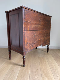 **SOLD** 1800s Massachusetts Sheraton Bowfront Chest of Four Drawers - Turret Corners Over Reeded Pilasters