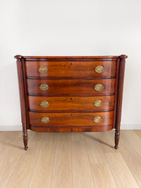 **SOLD** 1800s Massachusetts Sheraton Bowfront Chest of Four Drawers - Turret Corners Over Reeded Pilasters