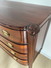 **SOLD** 1800s Massachusetts Sheraton Bowfront Chest of Four Drawers - Turret Corners Over Reeded Pilasters