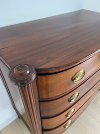 **SOLD** 1800s Massachusetts Sheraton Bowfront Chest of Four Drawers - Turret Corners Over Reeded Pilasters
