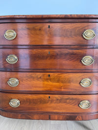 **SOLD** 1800s Massachusetts Sheraton Bowfront Chest of Four Drawers - Turret Corners Over Reeded Pilasters