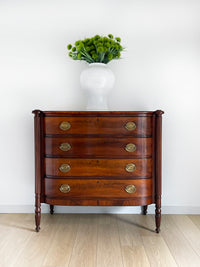 **SOLD** 1800s Massachusetts Sheraton Bowfront Chest of Four Drawers - Turret Corners Over Reeded Pilasters