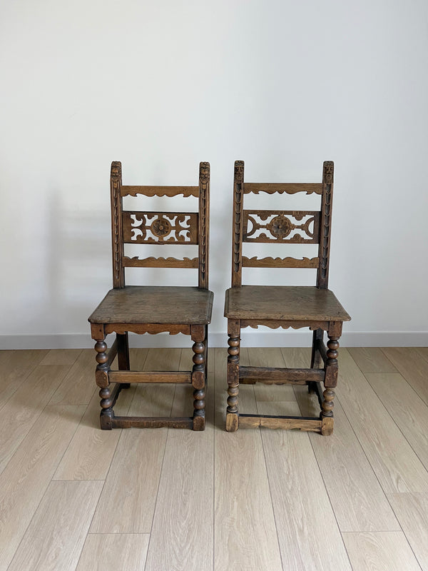 Antique Pair of 17th Century English Wedding Chairs - Hand Carved Gothic Revival - Jacobean Turned and Dowel-Jointed