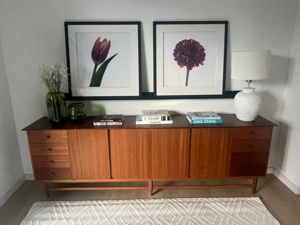 Antique 8' Mid Century Modern MCM Narra Wood Buffet Cabinet - Console Table with Drawers Solid Wood Cabinet