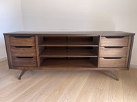 Vintage Dixie Mid Century Modern MCM Sculptural Lowboy Dresser or Credenza Sideboard with Six Drawers Perfect mid-century piece for an entertainment center, dresser, sideboard or sofa table. The legs are a mcm sculptural design made of solid oak.