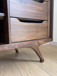 Vintage Dixie Mid Century Modern MCM Sculptural Lowboy Dresser or Credenza Sideboard with Six Drawers Perfect mid-century piece for an entertainment center, dresser, sideboard or sofa table. The legs are a mcm sculptural design made of solid oak.