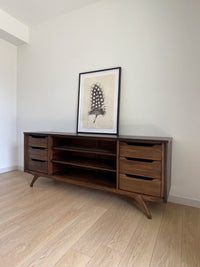 Vintage Dixie Mid Century Modern MCM Sculptural Lowboy Dresser or Credenza Sideboard with Six Drawers Perfect mid-century piece for an entertainment center, dresser, sideboard or sofa table. The legs are a mcm sculptural design made of solid oak.