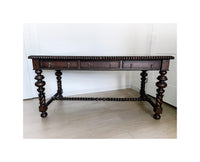 Vintage Portuguese Inspired Wood Barley Twist Writing Desk or Center Table An exceptional monumental Portuguese 1900s inspired barley twist writing desk, console, sofa or center table believed to be from the late 20th century or post 1960s to 1990s. There is not a tag or stamp. Baroque or Jacobean revival style with three smooth sliding drawers. The drawer has a pen holder in the center drawer.