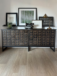 Vintage One-of-a-Kind MCM Remington Lateral 72 Drawer Library Card Catalog. This rare and beautiful dark and moody card catalog, apothecary or architectural cabinet would make a perfect statement piece for your home, office or commercial space!