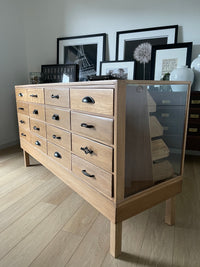 **SOLD** Vintage 1950s Curved Glass Haberdashery Mercantile Shop Counter Display Cabinet - 16 Staggered Drawers