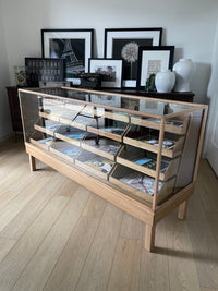 **SOLD** Vintage 1950s Curved Glass Haberdashery Mercantile Shop Counter Display Cabinet - 16 Staggered Drawers