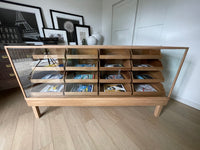 **SOLD** Vintage 1950s Curved Glass Haberdashery Mercantile Shop Counter Display Cabinet - 16 Staggered Drawers