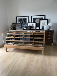 **SOLD** Vintage 1950s Curved Glass Haberdashery Mercantile Shop Counter Display Cabinet - 16 Staggered Drawers