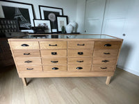 **SOLD** Vintage 1950s Curved Glass Haberdashery Mercantile Shop Counter Display Cabinet - 16 Staggered Drawers