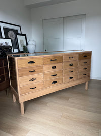 **SOLD** Vintage 1950s Curved Glass Haberdashery Mercantile Shop Counter Display Cabinet - 16 Staggered Drawers