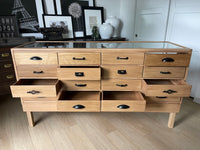 **SOLD** Vintage 1950s Curved Glass Haberdashery Mercantile Shop Counter Display Cabinet - 16 Staggered Drawers