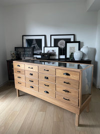 **SOLD** Vintage 1950s Curved Glass Haberdashery Mercantile Shop Counter Display Cabinet - 16 Staggered Drawers