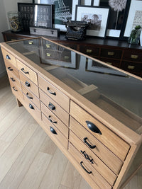 **SOLD** Vintage 1950s Curved Glass Haberdashery Mercantile Shop Counter Display Cabinet - 16 Staggered Drawers