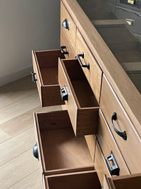 **SOLD** Vintage 1950s Curved Glass Haberdashery Mercantile Shop Counter Display Cabinet - 16 Staggered Drawers