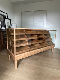 **SOLD** Vintage 1950s Curved Glass Haberdashery Mercantile Shop Counter Display Cabinet - 16 Staggered Drawers