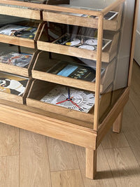 **SOLD** Vintage 1950s Curved Glass Haberdashery Mercantile Shop Counter Display Cabinet - 16 Staggered Drawers