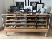 **SOLD** Vintage 1950s Curved Glass Haberdashery Mercantile Shop Counter Display Cabinet - 16 Staggered Drawers