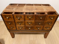 Antique 1900s Yawman Erbe 60 Drawer Library Card Catalog - Quarter Sawn Tiger Oak Industrial Stacking Architectural Cabinet YAWMAN AND ERBE MFG. CO. Rochester, N.Y. U.S.A. file cabinet. c1900s. This rare and beautiful quarter sawn tiger oak card catalog, apothecary, haberdashery or architectural cabinet storage piece would make a perfect statement piece for your bar, wine storage, entryway, foyer, dining room, office or commercial space!