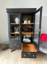 **SOLD** Vintage Black Wood Glass Display Curio Storage Cabinet Book Case