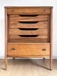 French Provincial Antique Chest of Drawers Dresser by Sligh Furniture. Completely refinished to showcase the natural gorgeous solid wood while still keeping all the time-worn charm, character and provides a one-of-a-kind elegance to your space.