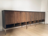 Antique 9 Foot, Mahogany Credenza Lateral 24 Drawer Haberdashery Solid Wood Cabinet - Circa 1920s. A versatile large scale cabinet ideally suited in a retail environment, hotel, library, bourbon bar, an oversized sofa table or office space.