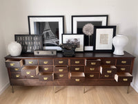 Antique 9 Foot, Mahogany Credenza Lateral 24 Drawer Haberdashery Solid Wood Cabinet - Circa 1920s. A versatile large scale cabinet ideally suited in a retail environment, hotel, library, bourbon bar, an oversized sofa table or office space.