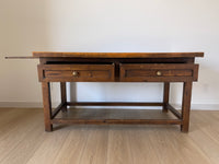 **SOLD** Antique Spanish Primitive Apron Baking or Rustic Farmhouse Table or Desk with Drawers and Side Leaf