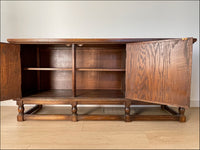 Vintage Carved Floral Design Jamestown Lounge Company Colonnade Collection Buffet Console Sideboard Table Solid Feudal Oak - Circa 1930s.