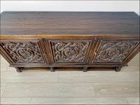 Vintage Carved Floral Design Jamestown Lounge Company Colonnade Collection Buffet Console Sideboard Table Solid Feudal Oak - Circa 1930s.
