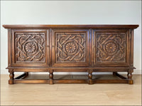 Vintage Carved Floral Design Jamestown Lounge Company Colonnade Collection Buffet Console Sideboard Table Solid Feudal Oak - Circa 1930s.