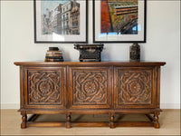 Vintage Carved Floral Design Jamestown Lounge Company Colonnade Collection Buffet Console Sideboard Table Solid Feudal Oak - Circa 1930s.