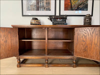 Vintage Carved Floral Design Jamestown Lounge Company Colonnade Collection Buffet Console Sideboard Table Solid Feudal Oak - Circa 1930s.