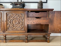 Vintage Carved Floral Design Jamestown Lounge Company Colonnade Collection Buffet Console Sideboard Table Solid Feudal Oak - Circa 1930s.