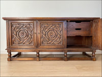 Vintage Carved Floral Design Jamestown Lounge Company Colonnade Collection Buffet Console Sideboard Table Solid Feudal Oak - Circa 1930s.
