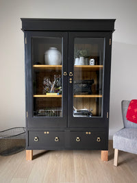 **SOLD** Vintage Black Wood Glass Display Curio Storage Cabinet Book Case