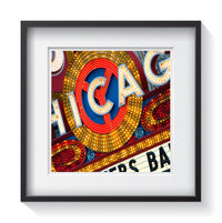 The iconic bright lights from the Chicago Theatre in Illinois. Framed fine Americana and vintage sign photography by Andrew Grant.  Framed wall art for your home, office, business, restaurant, bar, vacation house or hotel.