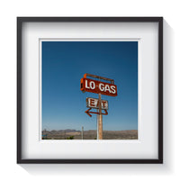 A vintage neon sign for Lo Gas and Eat gas station in Mojave, California. Framed fine art vintage sign photography by Andrew Grant.    Framed wall art for your home, office, business, restaurant, bar, vacation house or hotel.