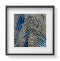The architectural brilliance of the blue and white swirls on the Aqua building in Chicago. Framed fine art architecture photography by Andrew Grant.  Framed wall art for your home, office, business, restaurant, bar, vacation house or hotel.