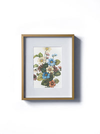 Vintage floral botanical garden flowers matted in white and framed in gold. Vertical display wall wart. Perfect addition to any gallery wall. We have several floral prints available. Antique artwork from the 1970s.
